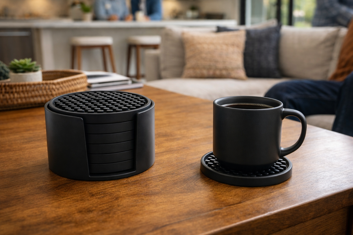Silicone Coaster Set with Holder, 6 Coasters
