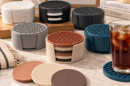 Silicone Coaster Set with Holder, 6 Coasters
