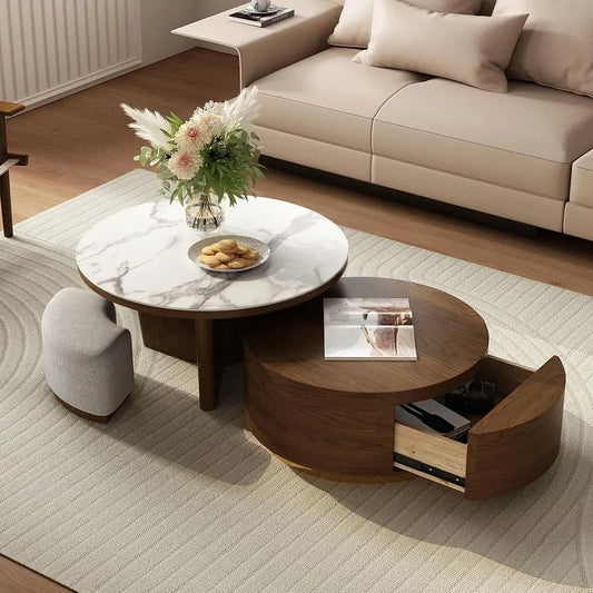 Marble Walnut Storage Coffee Table Set